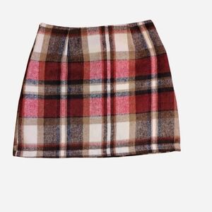Classic Plaid Wool-Blend Mini Skirt - Burgundy & Cream - Size Small
